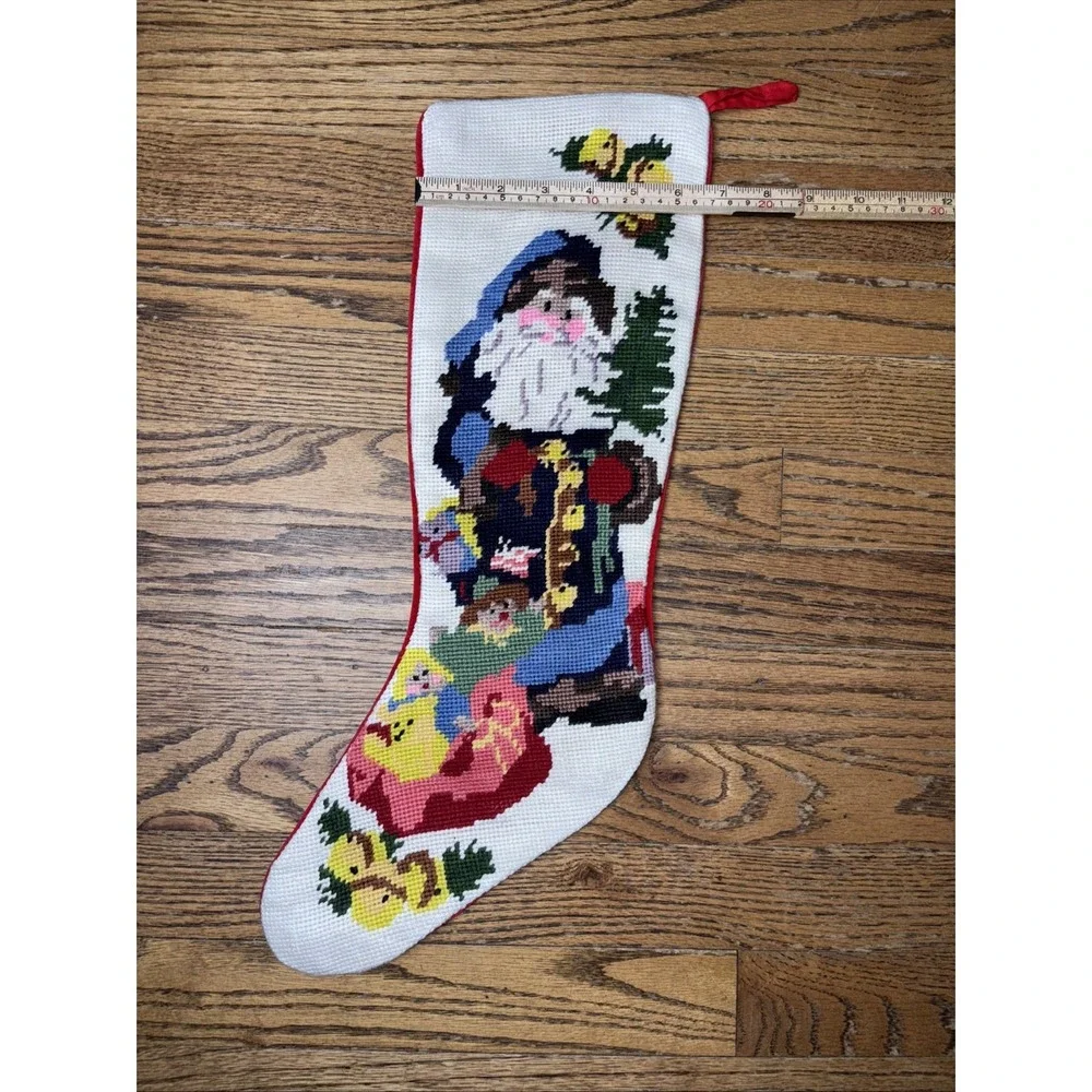 Vintage Needlepoint Christmas Santa Toys Stocking Red Velvet Left Hanging